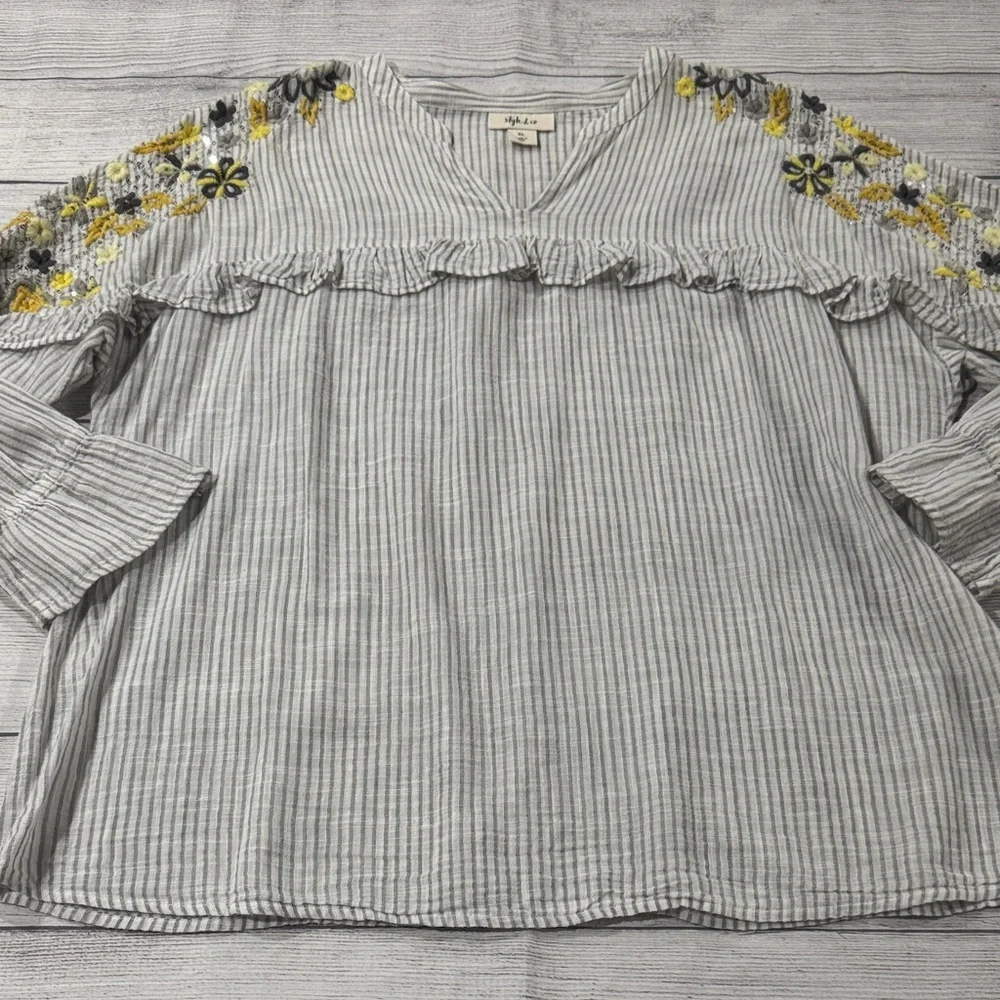 Style & Co. Gray Striped Blouse with Yellow and Charcoal Floral Embroidery
